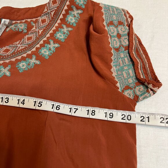 MUR MUR Anthropologie Rust Embroidered Boho Tunic M Rayon Festival Ethnic Folk - Picture 8 of 11